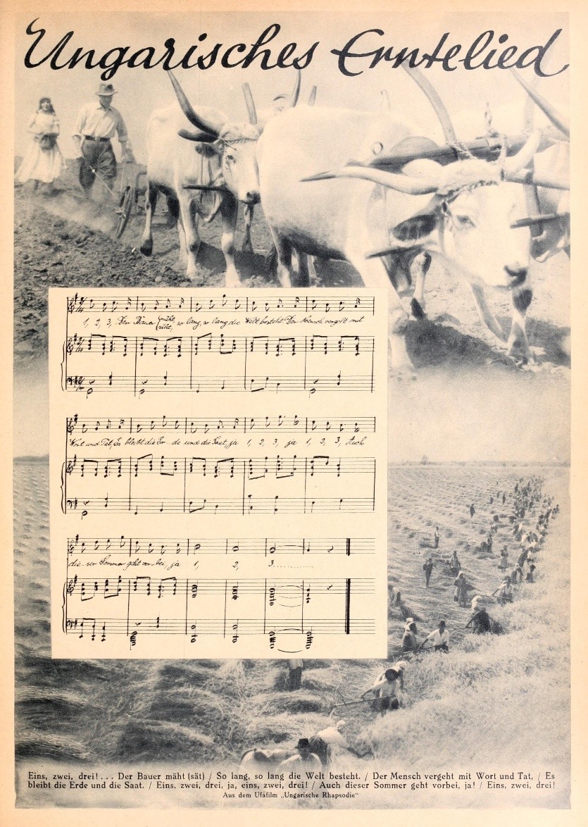 Illustrated magazine page headed "Ungarisches Erntelied": a photomontage of oxen drawing a plough and a line of reapers in a wheat field, with a panel of printed piano score laid over it and the song's lyrics beneath
