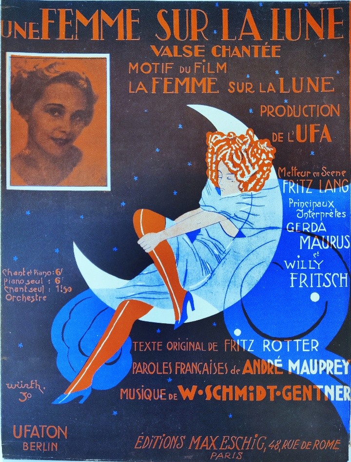 French sheet-music cover in orange and blue: a woman seated on a crescent moon against a starry sky, with an inset portrait photograph at top left; lettered "Une femme sur la lune, valse chantee" from the Ufa film directed by Fritz Lang, music by W. Schmidt-Gentner