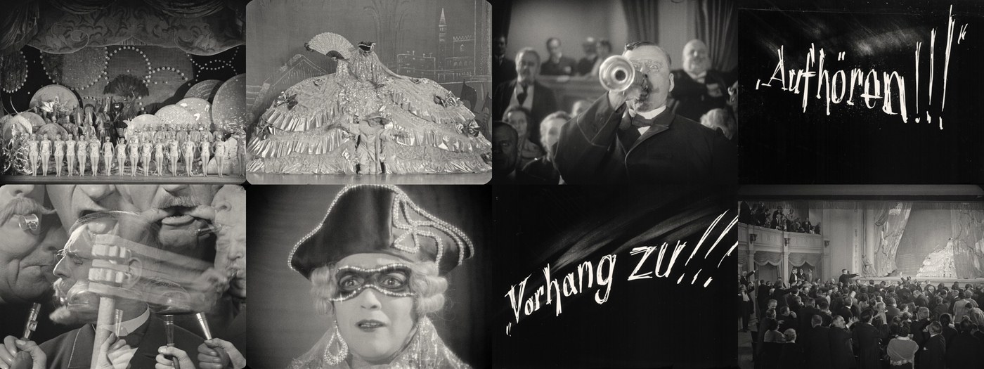 Eight frames from the revue sequence in Moral: a chorus line of dancers on a lit stage, a masked performer inside an enormous Rococo hoop skirt, a stout gentleman blowing a horn from the stalls, a hand-lettered intertitle reading "Aufhoeren!!!", men of the morality society sounding rattles and horns, Ninon in a tricorn hat and beaded mask, an intertitle reading "Vorhang zu!!!", and the packed auditorium facing the stage