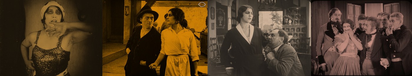 Four tinted stills from restored Ellen Richter films: a wide-eyed woman in a sequinned costume and cap, a woman in a pale coat held by the wrist by a stocky man in a hat, a woman in a dark dress with a man crouching beside her in a cluttered interior, and a young woman surrounded by six men in high collars in a panelled room