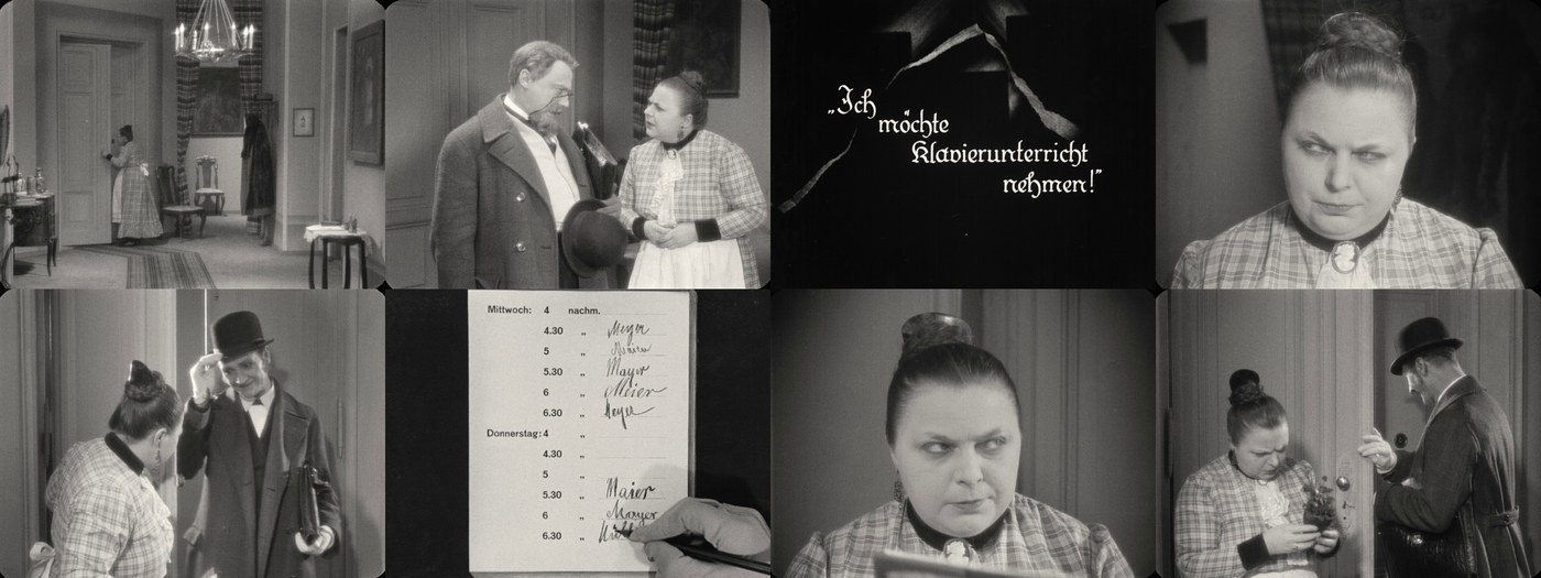 Eight frames from Moral built around Ninon's housekeeper: the maid crossing a hallway, arguing with a bearded man in an overcoat, a hand-lettered intertitle reading "Ich moechte Klavierunterricht nehmen!", the maid in a checked dress rolling her eyes, showing a bowler-hatted caller out, a hand holding an appointment book filled with pencilled names and times, the maid seated and unimpressed, and a man pressing something into her hand at the door