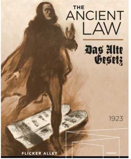 Flicker Alley cover for The Ancient Law / Das Alte Gesetz: an illustrated robed figure descending steps holding stone tablets, dated 1923.