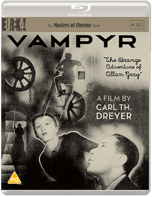 Eureka Masters of Cinema Blu-ray cover for Vampyr: a stylized illustration of a lantern-carrying figure on scaffolding above two men's faces.